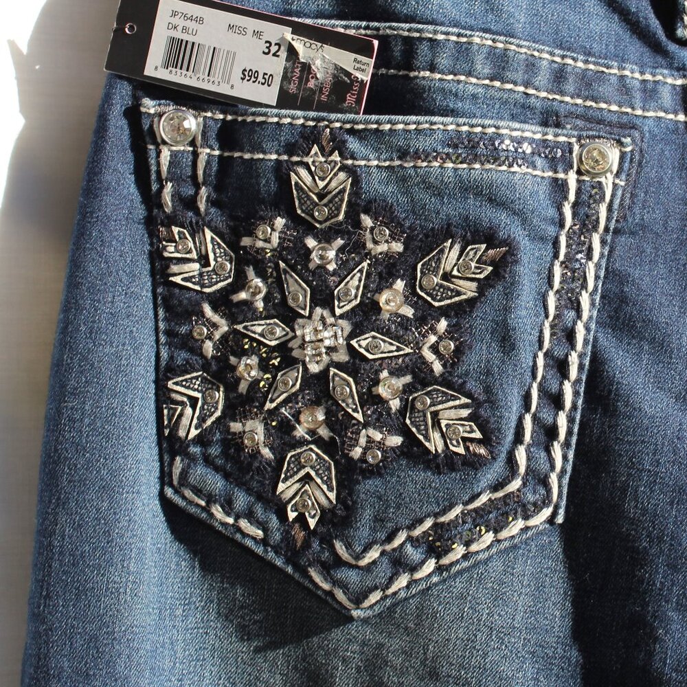 NWT RARE MISS ME SIGNATURE BOOT RHINESTONE LEATHER EMBROIDERED POCKETS SIZE32/34 - Picture 3 of 14
